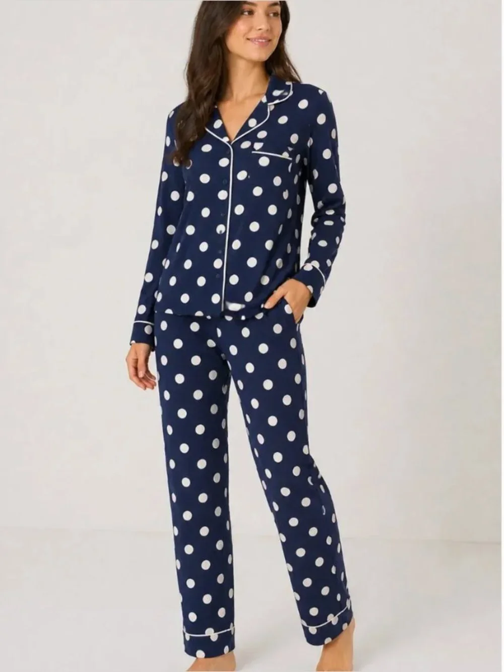 Kate Spade Pajama Set Small Navy Polka Dot 2 Piece Button Front Sleepwear Lounge